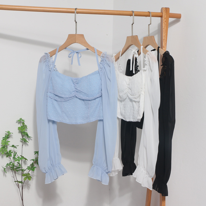 Square Collar Leakage Collarbone Short Shirt 2023 Spring New Lantern Long Sleeve Lace-up Neck Shirt Women's Top 8876 Square Collar Leakage Collarbone Short Shirt 2023 Spring New Lantern Long Sleeve Lace-up Neck Shirt Women's Top 8876