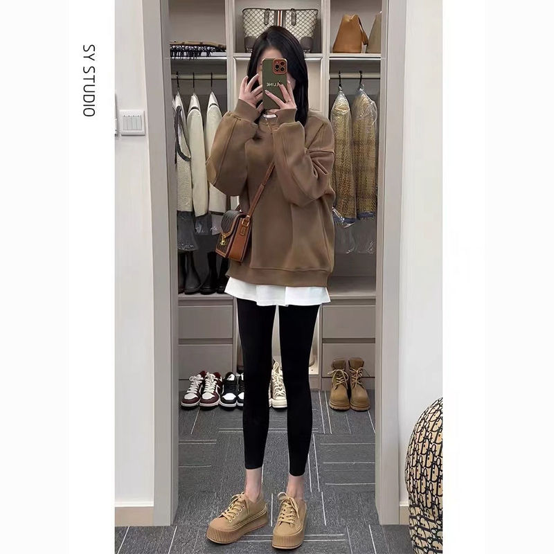 Fashionable Autumn and Winter Light Mature Style Casual Sports Suit for Women, Loose Sweatshirt and Shark Pants, Outerwear Leggings Two-Piece Set