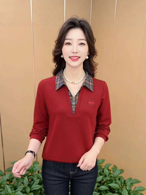 秋季新款妈妈长袖T恤洋气格子假两件翻领气质打底小衫女百搭上衣|undefined