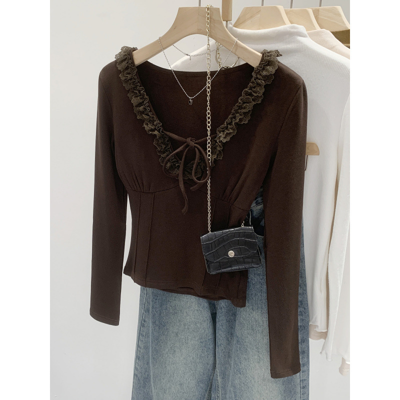 Hot-Selling Special Price Korean-Style Waist-Cinching Brushed Lace V-Neck Long-Sleeve T-Shirt for Women, Summer 2026 New Model, Very Beautiful Short Top