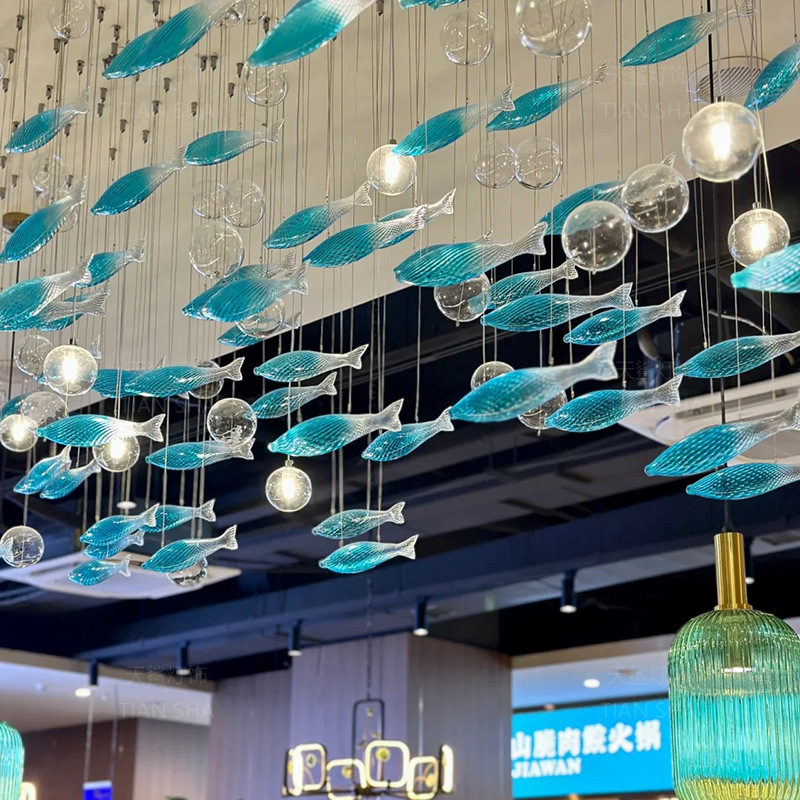 玻璃鱼形吊灯海洋主题餐厅海鲜店大厅婚庆艺术鱼群装饰灯具