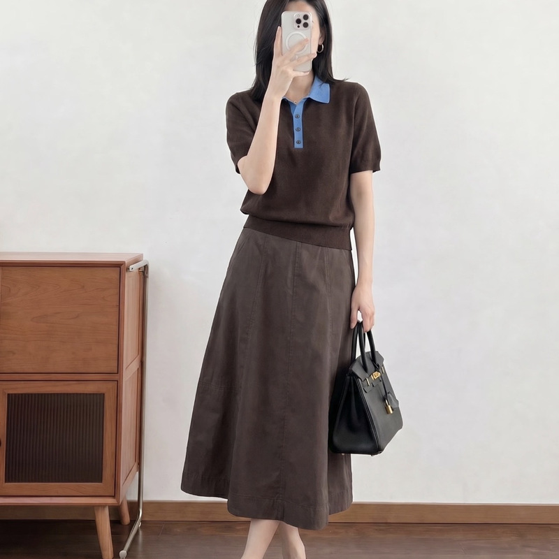 [Same Style as in the Mall] Standard Fit Mid-Length Skirt in Dark Brown, 2026 Summer New Product 6001