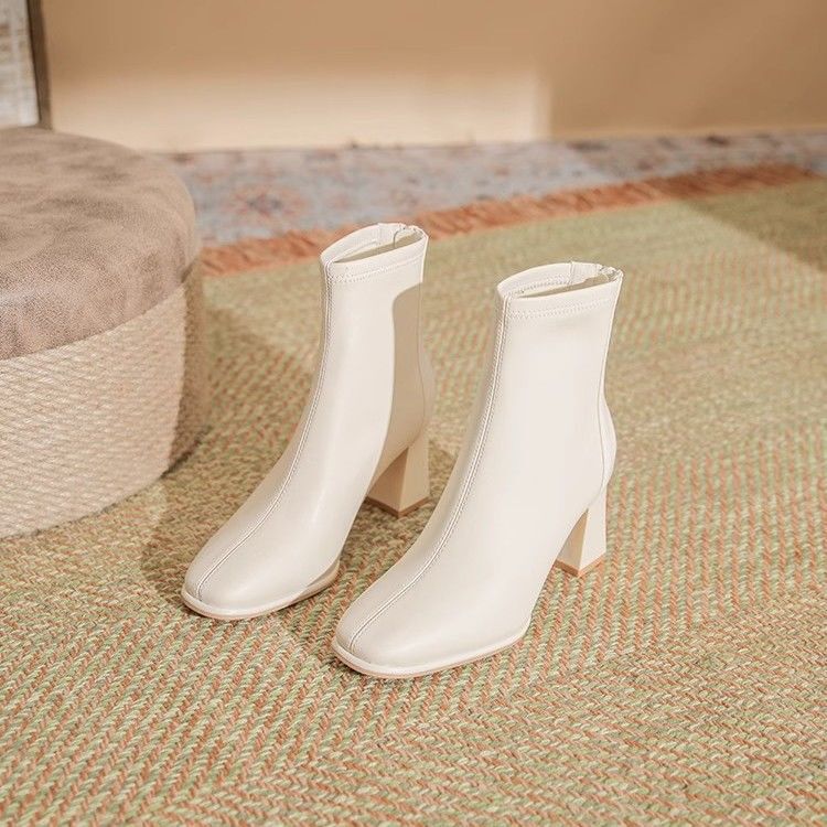High-Heeled Short Boots for Women 2025 Autumn and Winter New Short White Boots Thick Heel Slimming Boots Boots for Adults