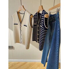 Xiaoxiangfeng フレンチレトロ V ネックヘビーストライプハイエンドニットカーディガンベスト女性の春と秋のショートトップ
