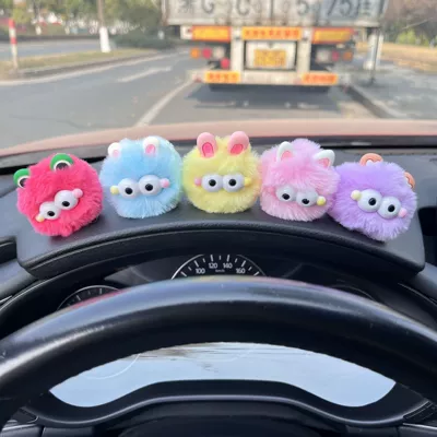 Car Dashboard Decoration Creative Cute Coal Ball Doll Car Center Console Monster Fur Ball Car Decoration Quirky Items (Car ornaments) - one-of-each-of-5-colors-headband-and-ear-style