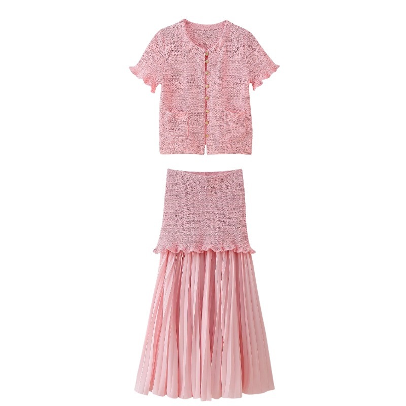 クロスボーダー卸売ヨーロッパとアメリカのファッション婦人服 2025 夏の新弾性ニットチューブトップ半袖ファッションスカートスーツ|undefined