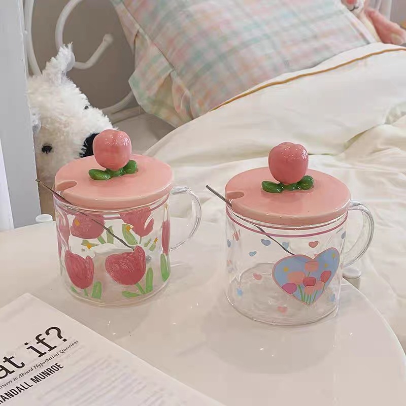 De alto aspecto lindo tulipán taza de agua taza de vidrio de niña con tapa cuchara Oficina taza de regalo del hogar taza