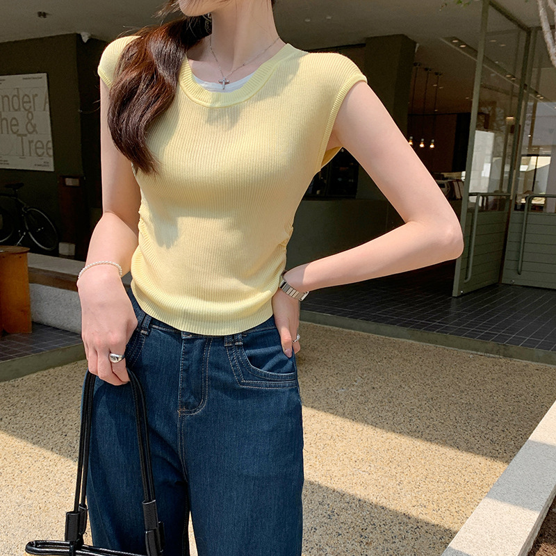 Creamy Yellow Short-Sleeved Knitwear for Women 2025 Summer Elastic Slim Waist Design Bottoming Right Shoulder T-Shirt Top