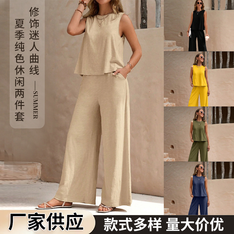 2025 Summer New Two-piece Women's European and American Fashion All-match Loose Pullover Round Neck Casual Cotton suit Women