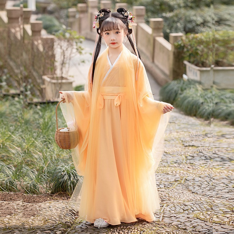 Chinese girls hanfu fairy dresses long sleeve wei jin wind wide sleeve outfit hanfu children guzheng costumes little girl