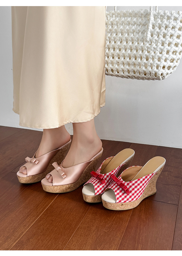 Sandal cao gót nữ mũi cá hở ngón, đế xuồng dày, nơ bướm, gót siêu cao 12 cm — Kẻ đỏ, Hồng sâm panh chi tiết 22