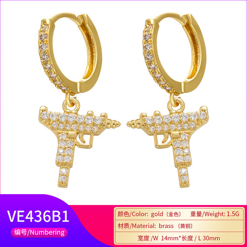 HECHENG Jewelry Micro-Inlaid Pistol-Shaped Pendant Earrings with Zircon, Colorfast Accessories in European & American Style VD969