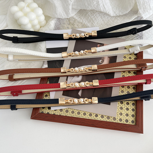 Pearl buckle women's thin belt decoration with skirt, fashionable and versatile matte leather waist small belt for women black wholesale