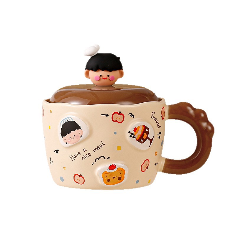 귀여운 빵 캐릭터 도자기 뚜껑 머그컵 380ml