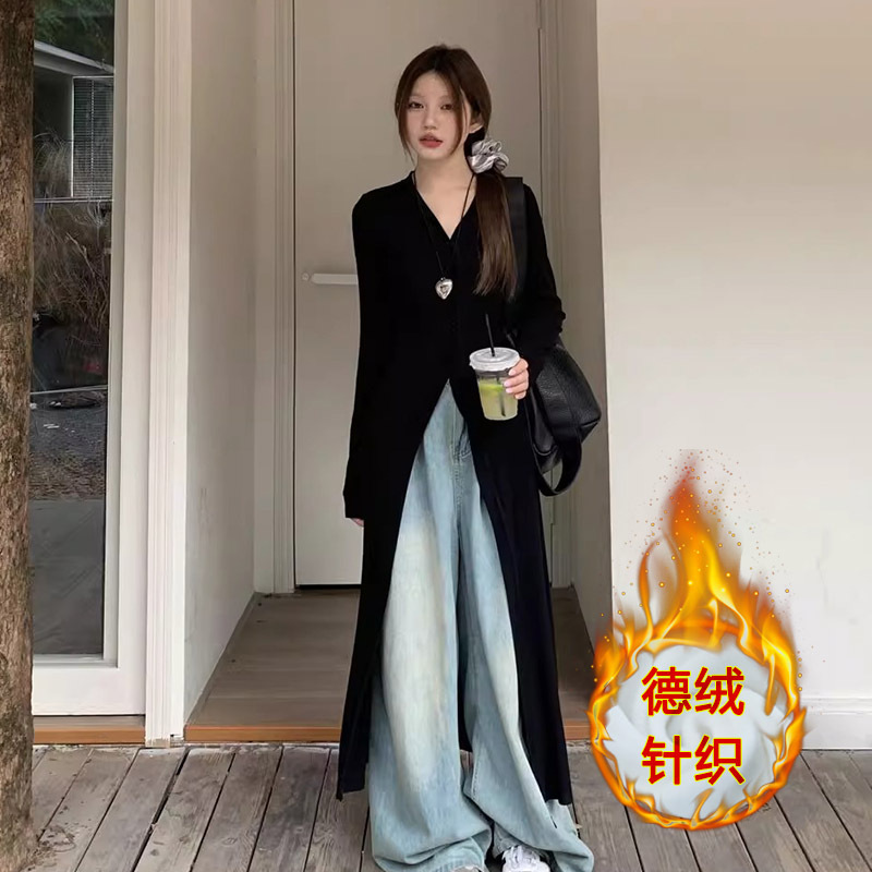 2025新款秋季穿搭黑色修身针织开衫气质长款通勤外搭长袖上衣女装