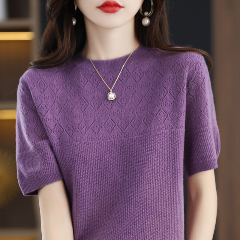 新款2024夏季高级紫色圆领短袖T恤上衣女装宽松亮丝针织打底衫薄