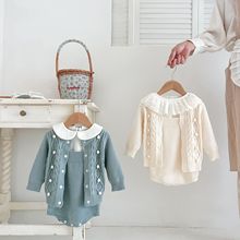 女童韩版秋冬套装婴儿复古毛球针织棉纱外套女宝宝洋气包屁背带裤