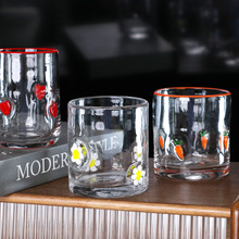创意手绘贴片玻璃杯ins风家用果汁杯浮雕彩绘水杯加厚水晶冷饮杯