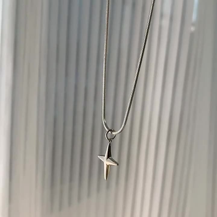 Little Star Cross Pendant Necklace Women's Personality Sweet Cool Style Casual Design Silver White Snake Bone Chain Cross