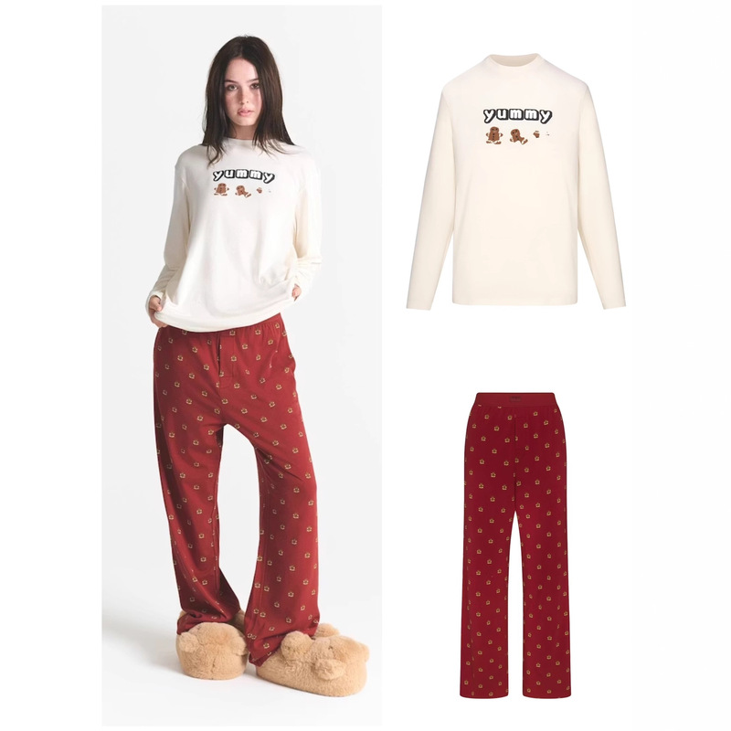 Skims Kardashian Christmas Limited Pajamas Set Long-Sleeved Pants Home Clothes Set Can Be Worn Outside Bear Casual