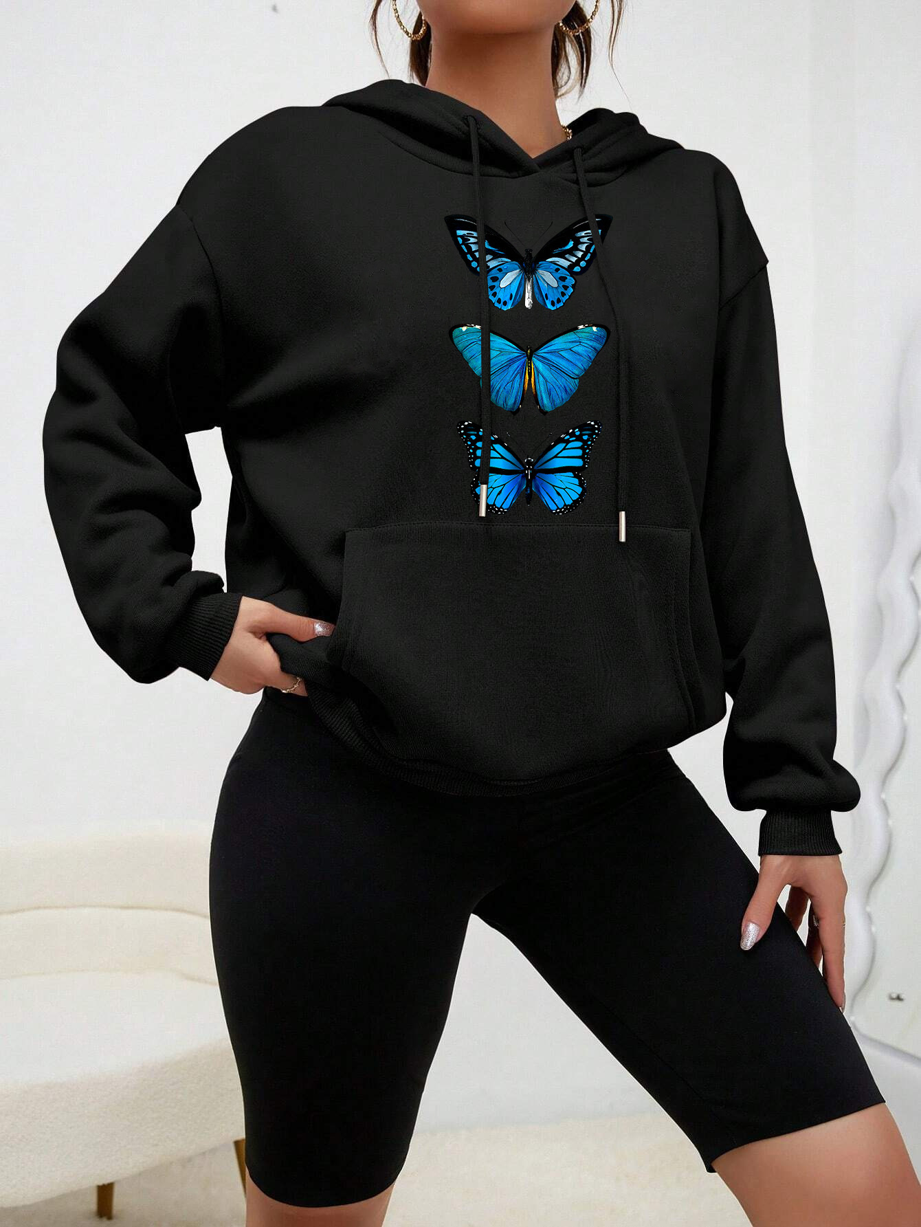 Creative Butterfly Design Print Women Hoodie New Set Casual