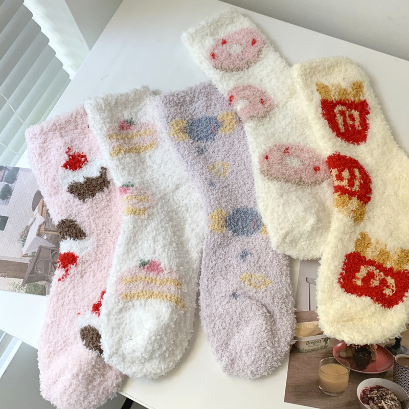 Coral Fleece Socks for Women, New Autumn and Winter Thickened Warm Sweet Maternity Socks, Cartoon Dessert House Home Sleep Socks for Women