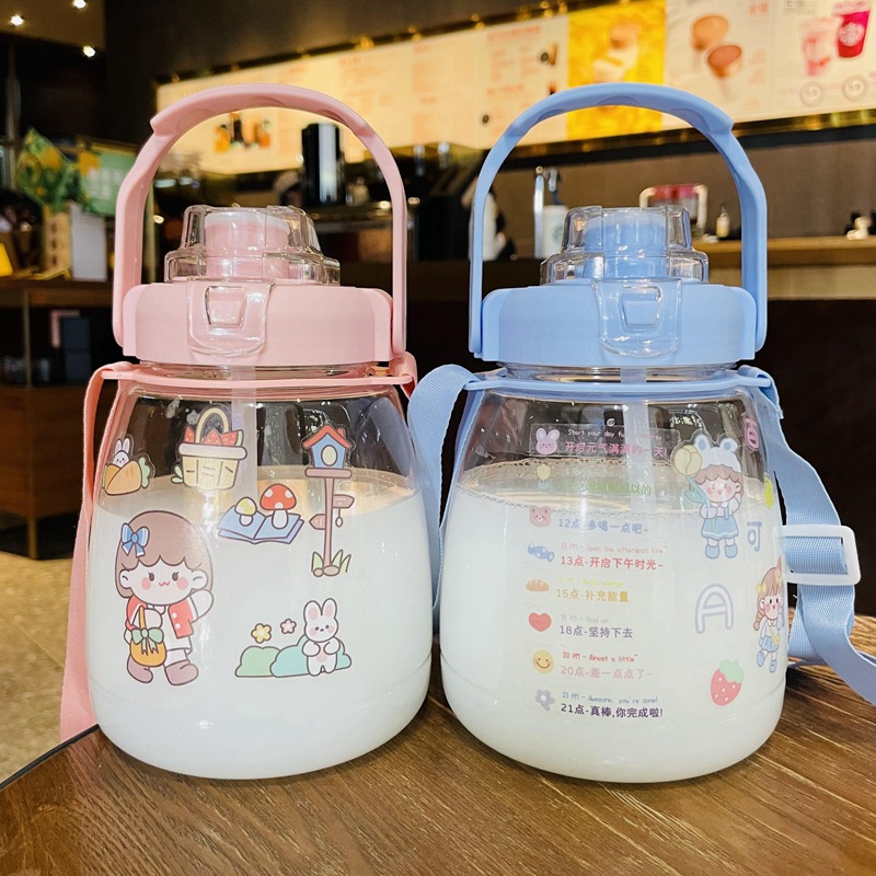 水杯女手機支架大肚杯帶吸管高顏值塑料杯直播大肚子水杯提手背帶