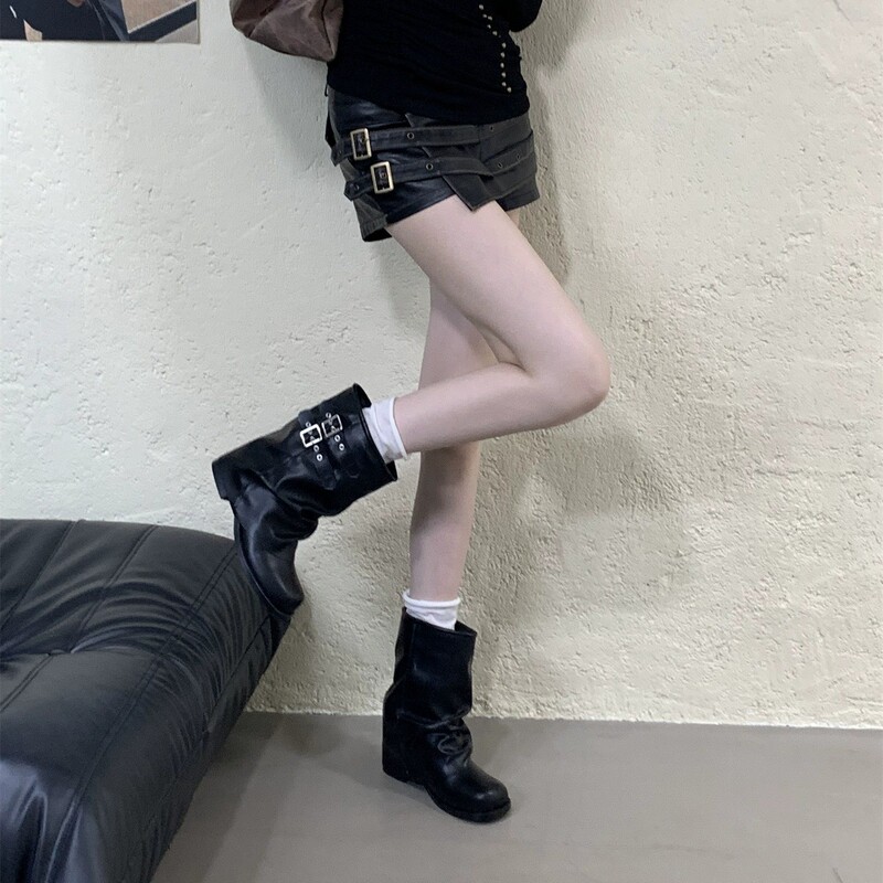 皮带扣网红裤管靴女2025新款英伦风时尚气质舒适套筒靴短筒马丁靴|undefined