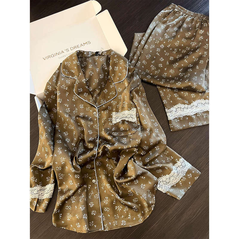 法式蕾丝边碎花冰丝睡衣女款2025新款大码长袖长裤休闲家居服套装|undefined
