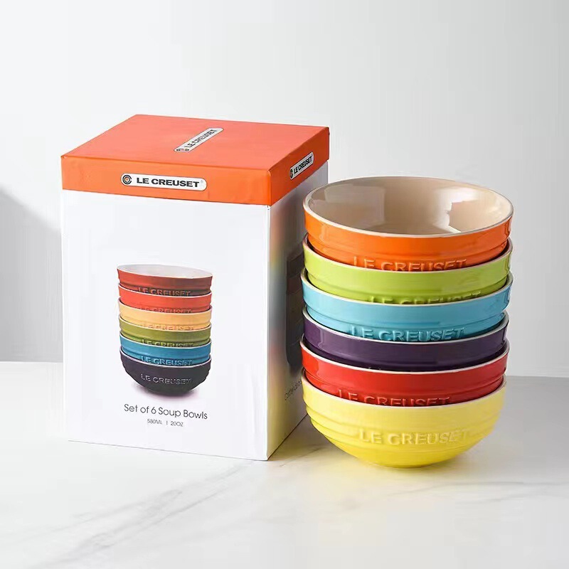 French-Style 12cm 15cm 20 Bowl Set Ceramic Noodle Bowl Rice Bowl Kitchen Tableware Six-Piece Set Rainbow Gift Box