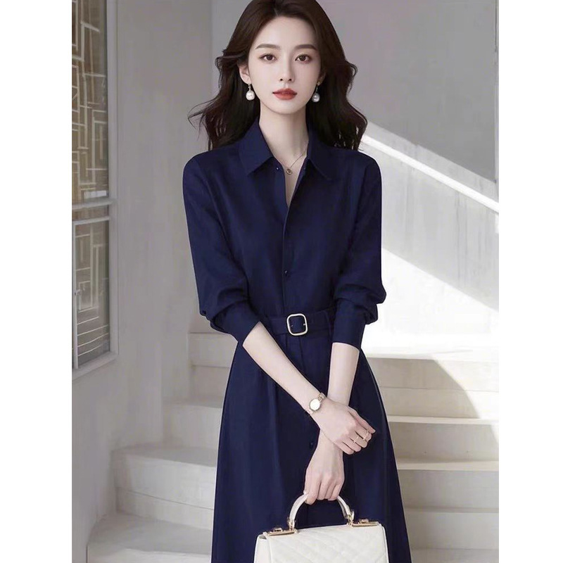 9637 in stock French Temperament Socialite High-end Goddess Style Light Luxury High-end Formal Occasion Blue Shirt dress