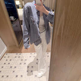2026春夏季薄款慵懒风长袖防晒上衣腊肠狗刺绣韩系蓝色格子衬衫女
