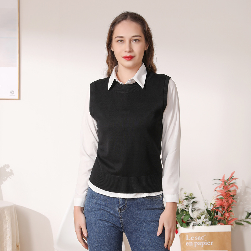 2023 Round Neck European and American New Style Cotton-padded Jacket Solid Color Women's Knitted Vest Sleeveless Spring and Autumn Sweater Vest Women's Clothing