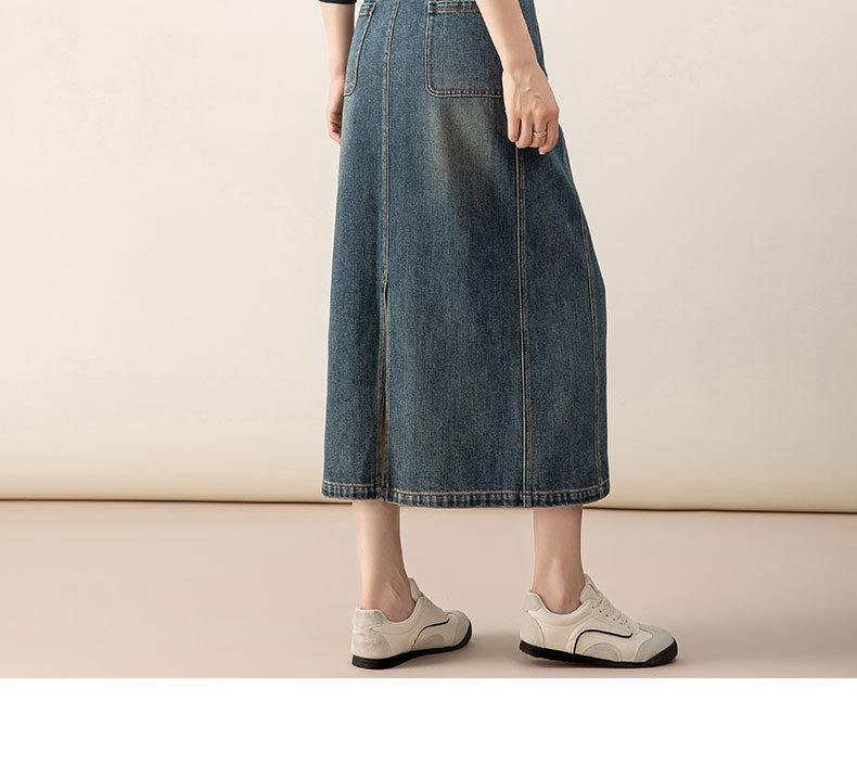 Váy denim chữ A lưng cao cổ điển xẻ tà dài vừa phải — màu xanh chi tiết 20