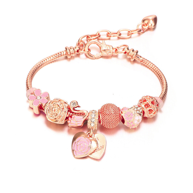 Pan Family Crystal Glass Bracelet Rose Gold Diamond Swan Bracelet Rose Red Love Pink Girls' Bracelet