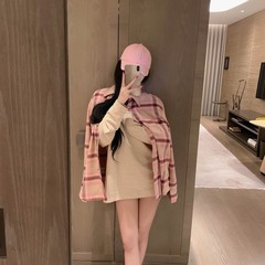 2025早秋季女装新款时尚洋气粉色磨毛格贴布宽松长袖衬衫上衣外套