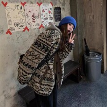 美式复古拼接腰果花羊羔毛外套女秋冬新款高级慵懒羊羔绒棉服大衣