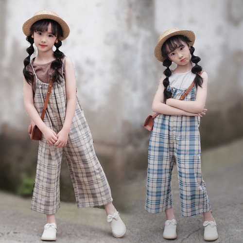 One piece drop shipping girls suit Korean summer dress 2024 new thin soft plaid overalls fashionable vest trend