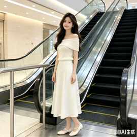 半熟 明星同款白色一字领露肩套头薄款毛衣针织衫上衣