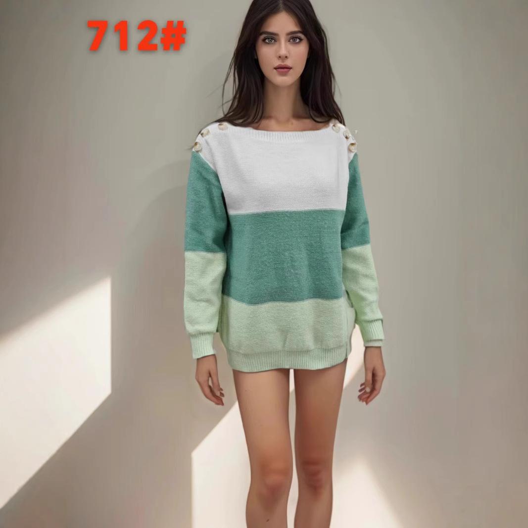 2024欧美跨境秋冬套头针织衫亚马逊外贸宽松一字领单排扣拼接撞色