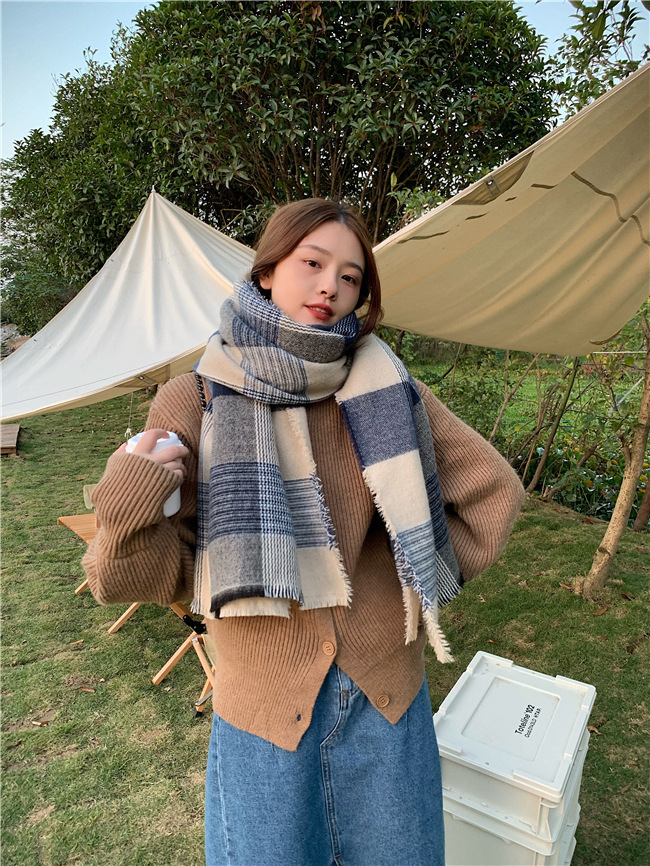 Sciarpa a quadri blu bianco super morbida per le donne in autunno inverno, spessa e calda, sciarpa in imitazione cashmere, coreana_voghion.com
