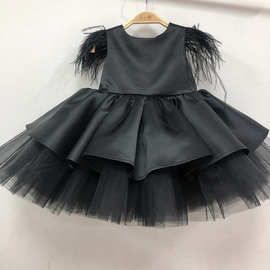 黑色儿童礼服女童新品公主裙羽毛设计小提琴演奏舞台小主持蓬蓬裙