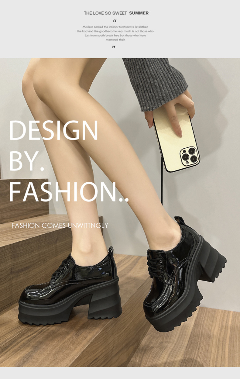Thick soled loafers for women, autumn 2023 new versatile square toe height increasing single shoes, women's lace up_voghion.com