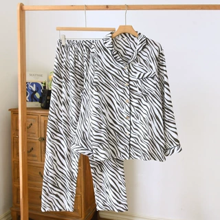睡衣女春秋季纯棉双层棉纱高级感斑马纹长袖宽松家居服套装可外穿