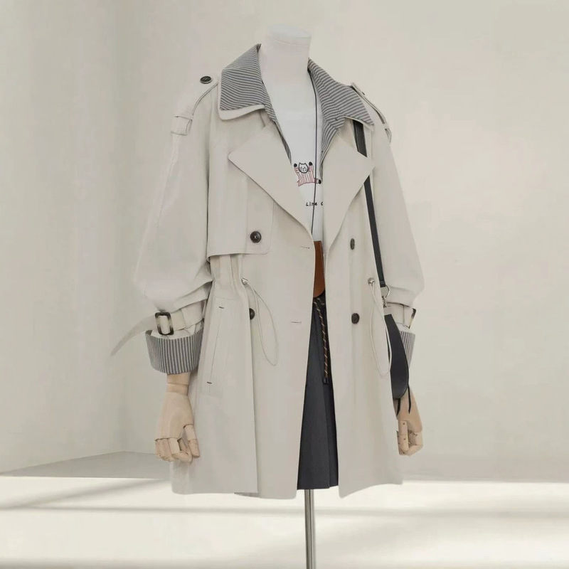Stylish faux two-piece striped patchwork trench coat for women, 2026 spring/autumn new model, petite double-breasted loose coat