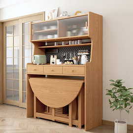 全实木餐边柜餐桌一体小户型多功能靠墙茶水柜储物高柜带折叠圆桌