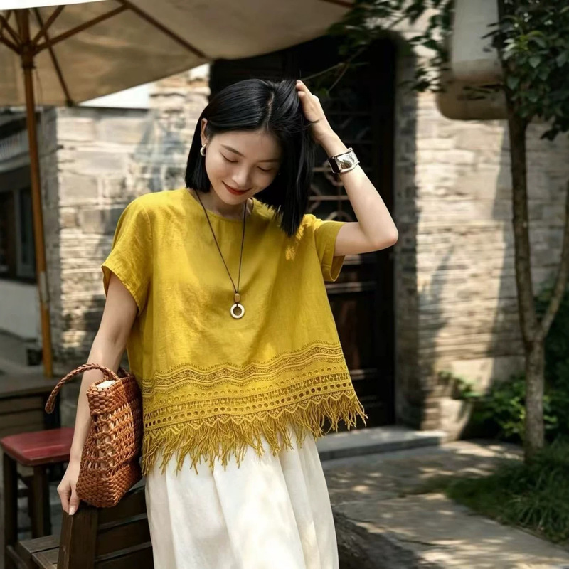 2026 Summer Korean Style Loose Fashionable Artistic Hemp Tassel Lace Round Neck T-Shirt Versatile Shirt Top for Women 25183 2026 Summer Korean Style Loose Fashionable Artistic Hemp Tassel Lace Round Neck T-Shirt Versatile Shirt Top for Women 25183