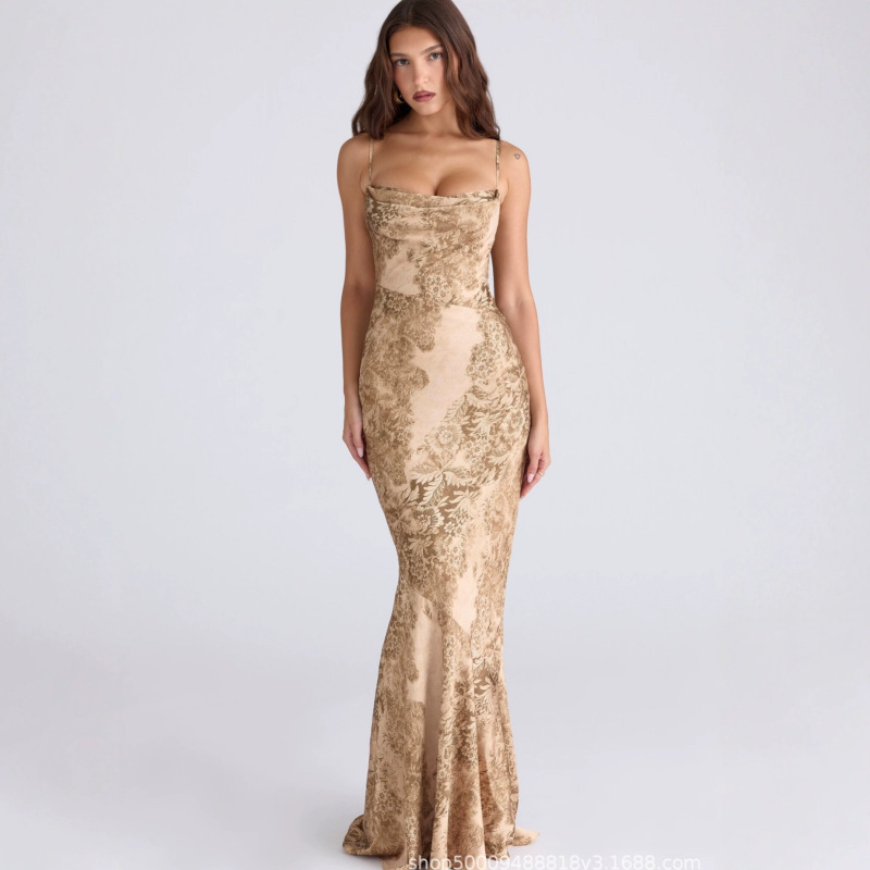 Cross-Border Exclusive Supply of New Women's Clothing, European and American Style, French Elegance, Gold Printed Satin, Ultra-Long Dress, Gown, Fishtail Skirt