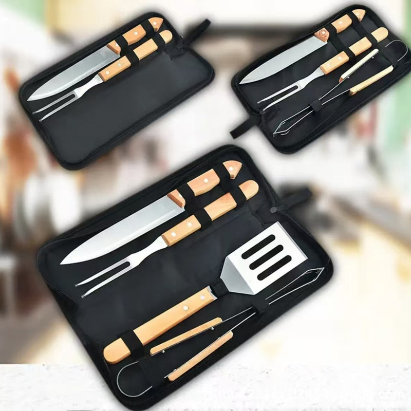 亚马逊不锈钢烤具套装烧烤组合工具户外BBQ烧烤套装木柄烤具套装|undefined