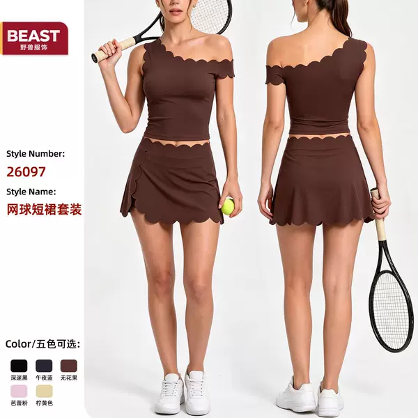 Cross-border women's tennis skirt with contrasting color lace, golf short skirt set, summer outdoor sports anti-exposure fitness half skirt